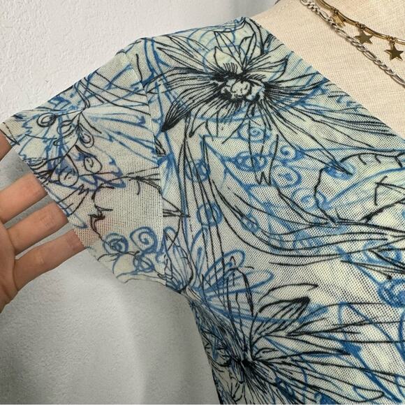 Y2K 00s Mesh Faux Wrap Dress Blue Floral V-Neck Sweet Pea Large Resort Vacation - Picture 7 of 10